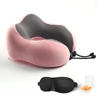 Luxury Travel Pillow with Ear Plugs, Eye Mask and Mesh Bag Memory Foam Pink/Gray 28x25x13cm