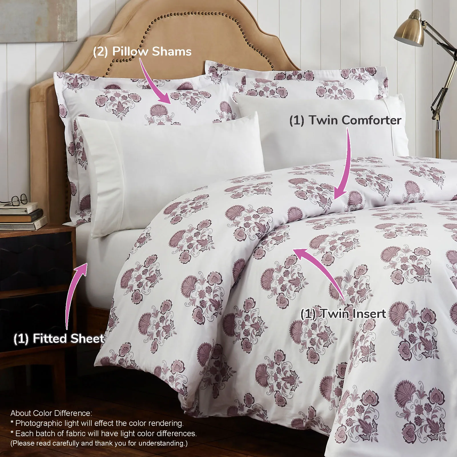Damask Print Cotton Comforter Set 5-Piece Single White
