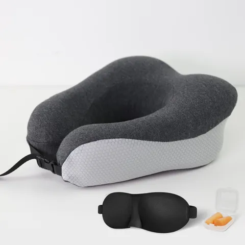 Luxury Travel Pillow with Ear Plugs, Eye Mask and Mesh Bag Memory Foam Blue/Gray 28x25x13cm