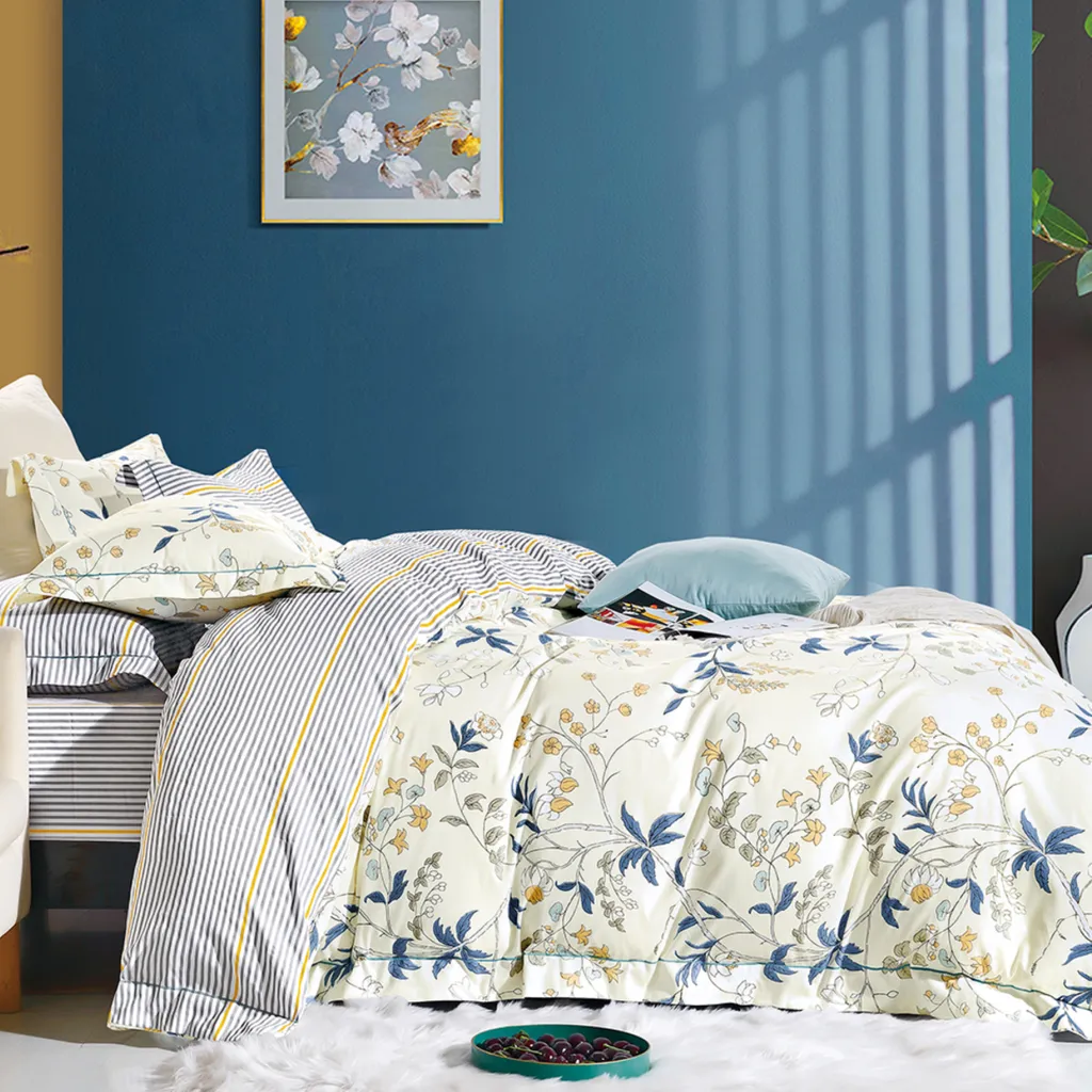 6-Piece King Size Cotton Comforter Set Reversible Pattern, Ivory/ Multicolour