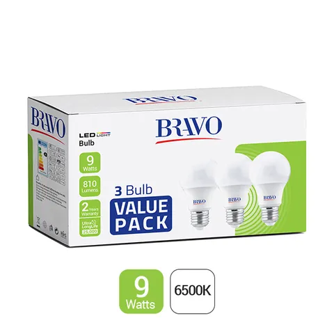 لمبة LED A60-E27 base-9W-White (حزمة قيمة من 3 قطع)