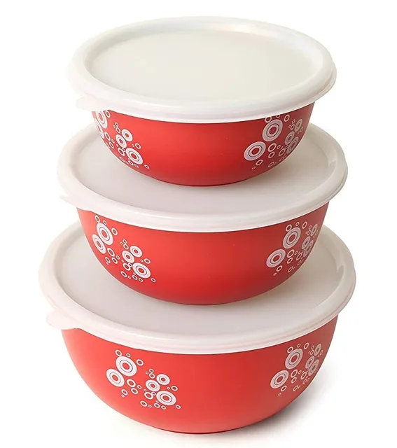 Microwave Safe Stainless Steel Printed Bowl Set | Airtight (RED PRINTED, Set of 3)