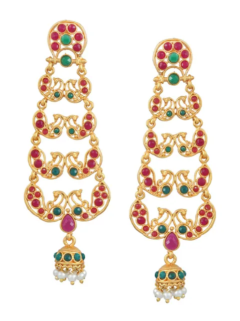 Traditional Long Earrings in Ruby & Green color - S19562