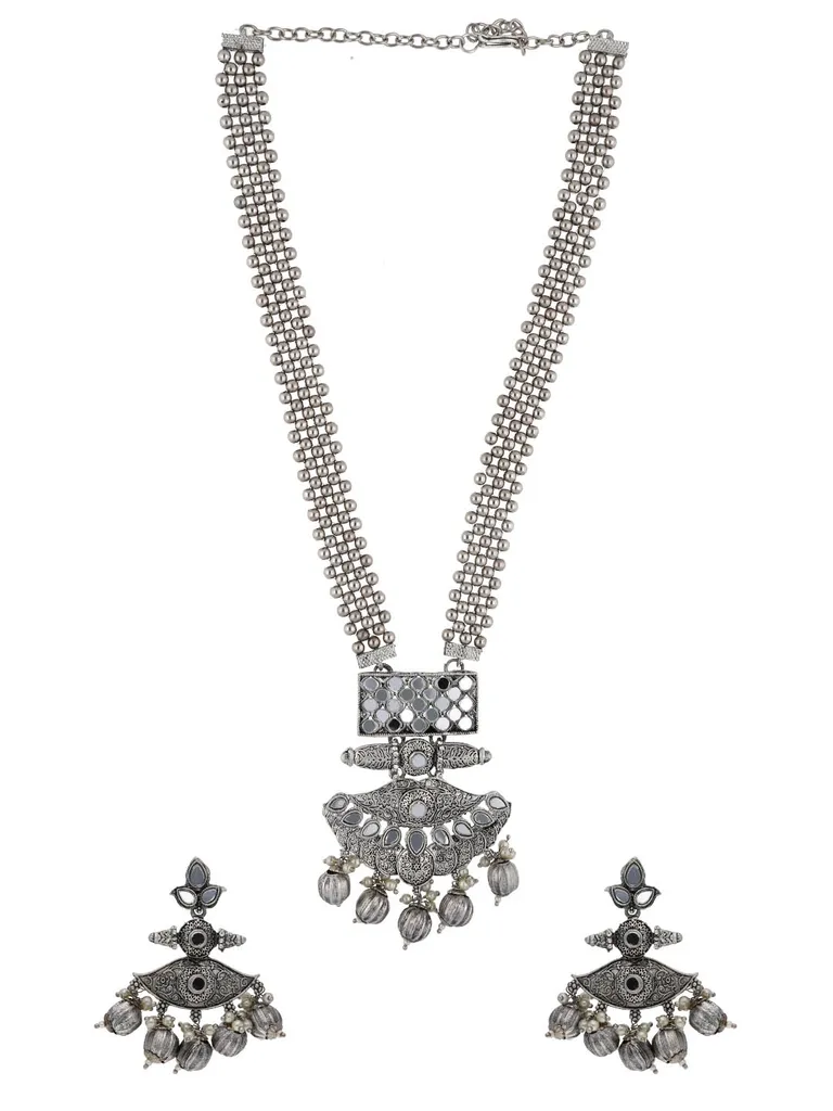 Mirror Long Necklace Set in Oxidised Silver finish - PRT8083