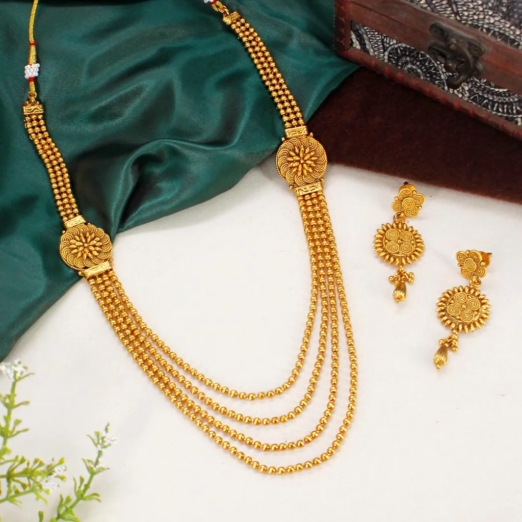 Antique Long Necklace Set in Gold finish - AMN237