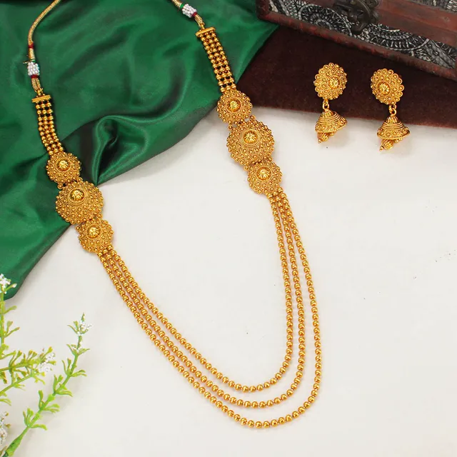 Antique Long Necklace Set in Gold finish - AMN239