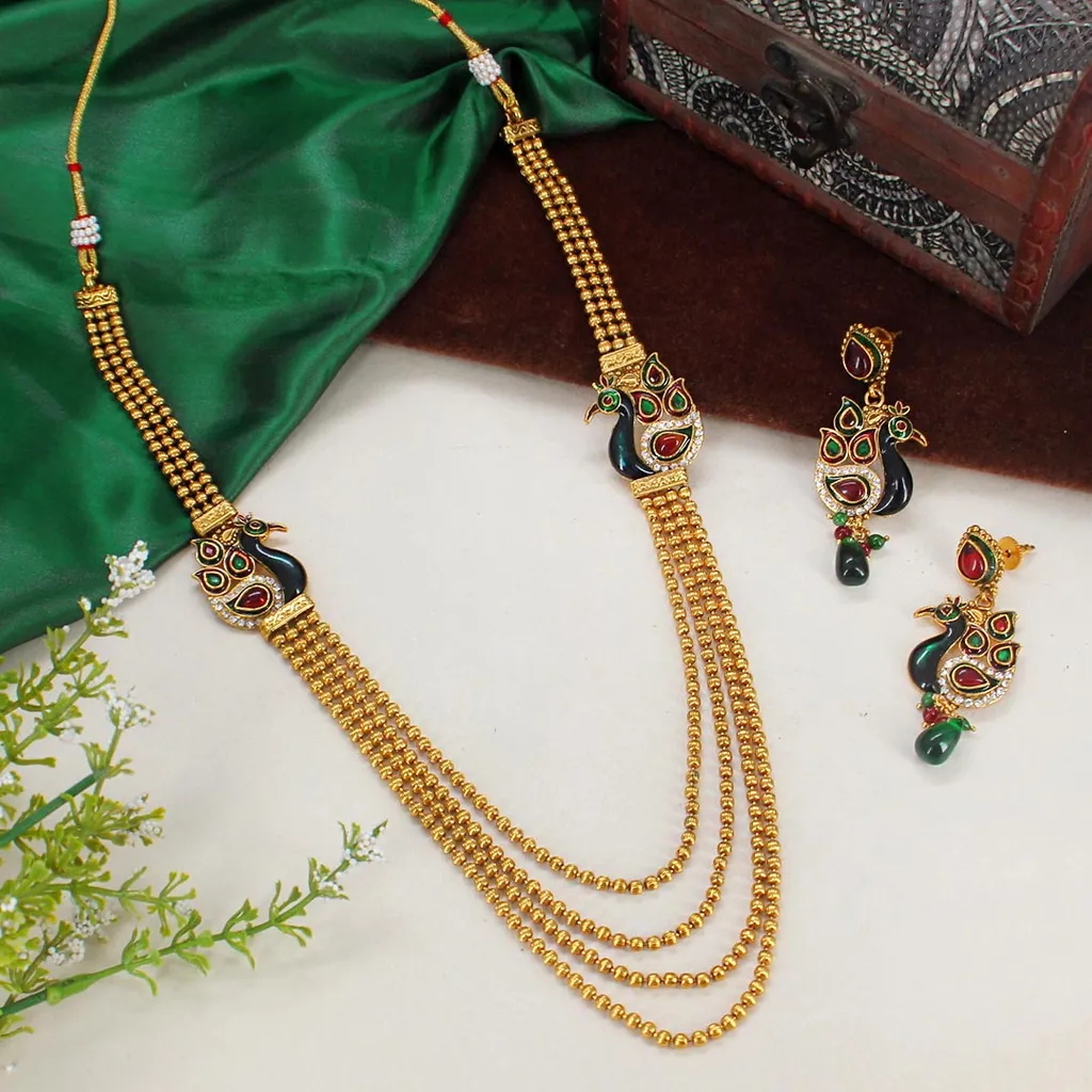 Antique Long Necklace Set in Gold finish - AMN251