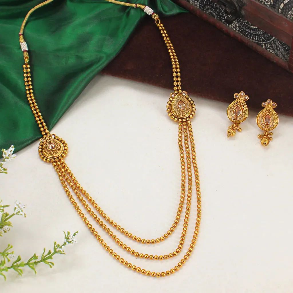 Antique Long Necklace Set in Gold finish - AMN254