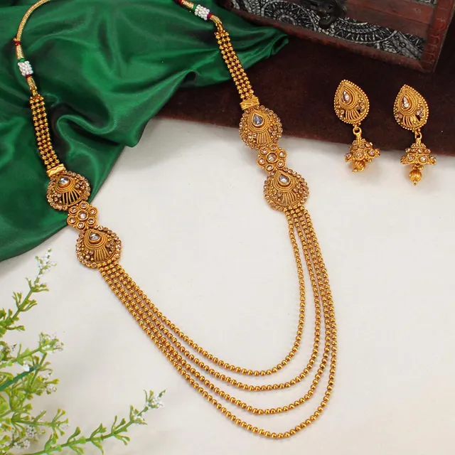 Antique Long Necklace Set in Gold finish - AMN258