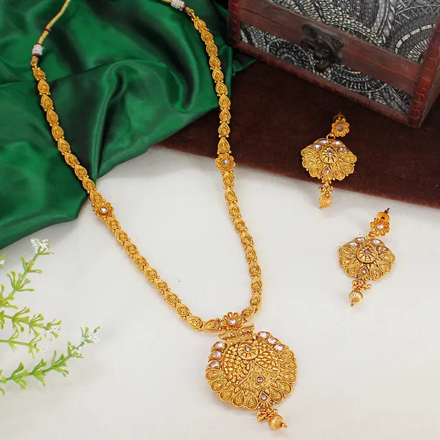 Antique Long Necklace Set in Gold finish - AMN264