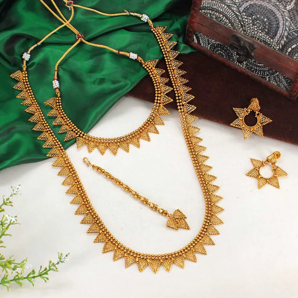 Antique Long Necklace Set in Gold finish - AMN244