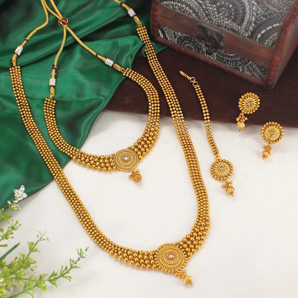 Antique Long Necklace Set in Gold finish - AMN248