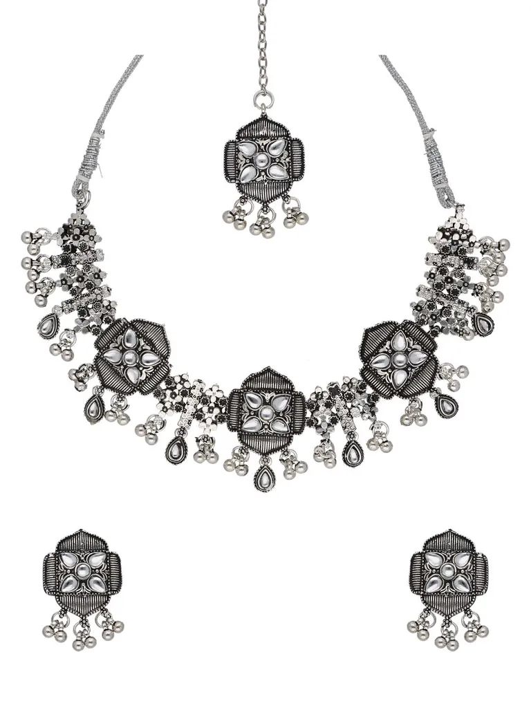 Kundan Necklace Set in Oxidised Silver finish - STU1117