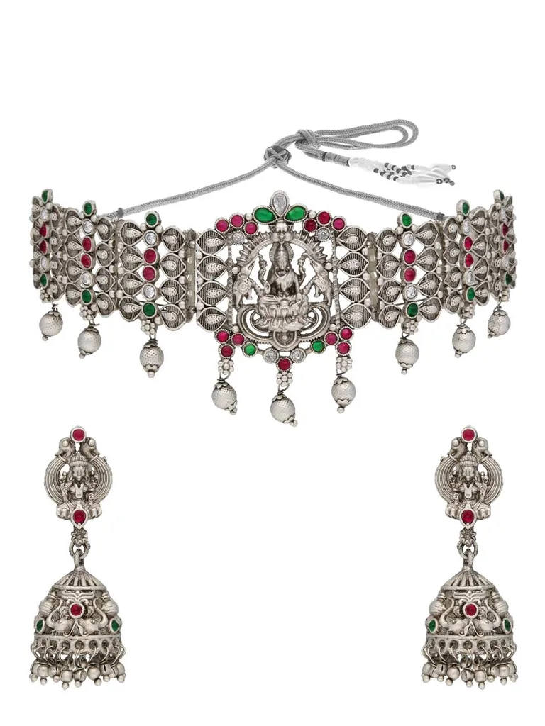 Temple Choker Necklace Set in Oxidised Silver finish - RNK40