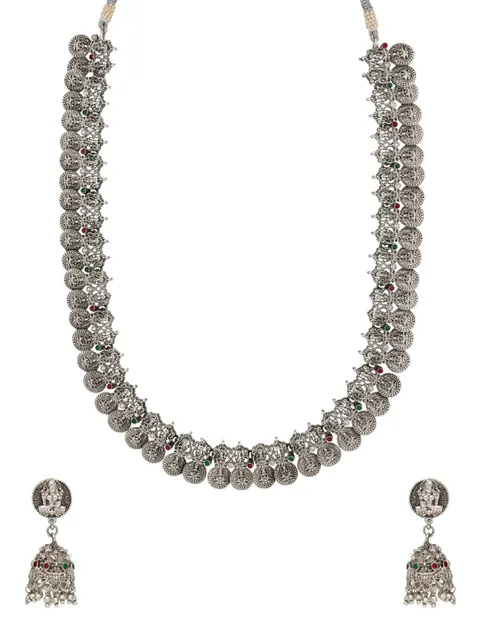 Temple Long Necklace Set in Oxidised Silver finish - RNK65