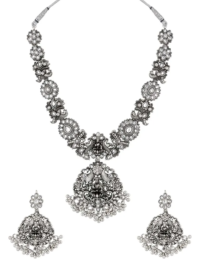 Temple Long Necklace Set in Oxidised Silver finish - SHA4149