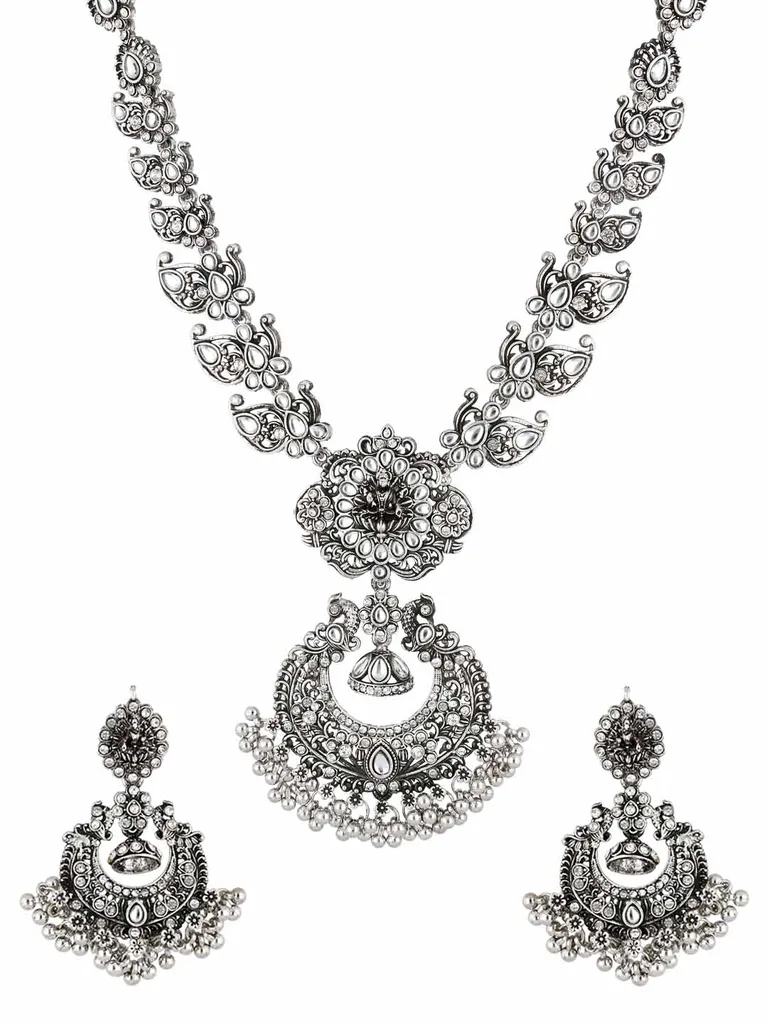 Temple Long Necklace Set in Oxidised Silver finish - SHA4150
