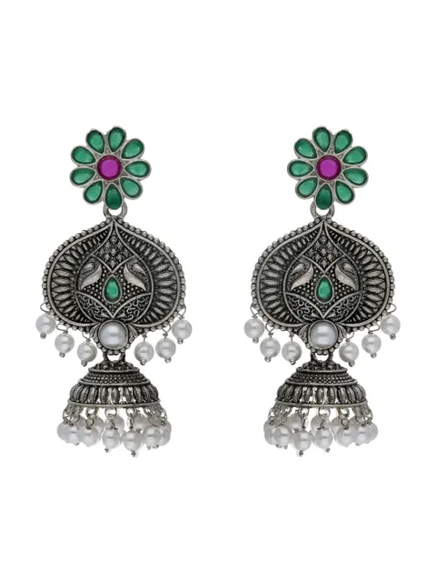 Oxidised Jhumka Earrings in Ruby & Green color - CNB17972