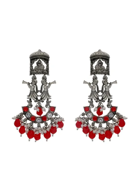 Oxidised Long Earrings in Red color - CNB18005
