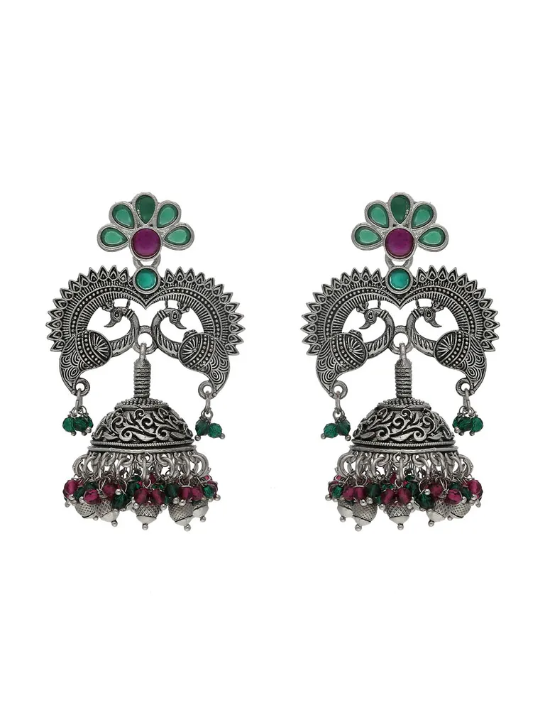 Oxidised Jhumka Earrings in Ruby & Green color - CNB17981