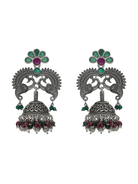 Oxidised Jhumka Earrings in Ruby & Green color - CNB17981