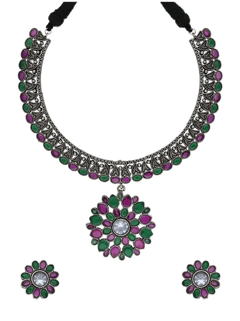 Oxidised Necklace Set in Ruby & Green color - CNB33905