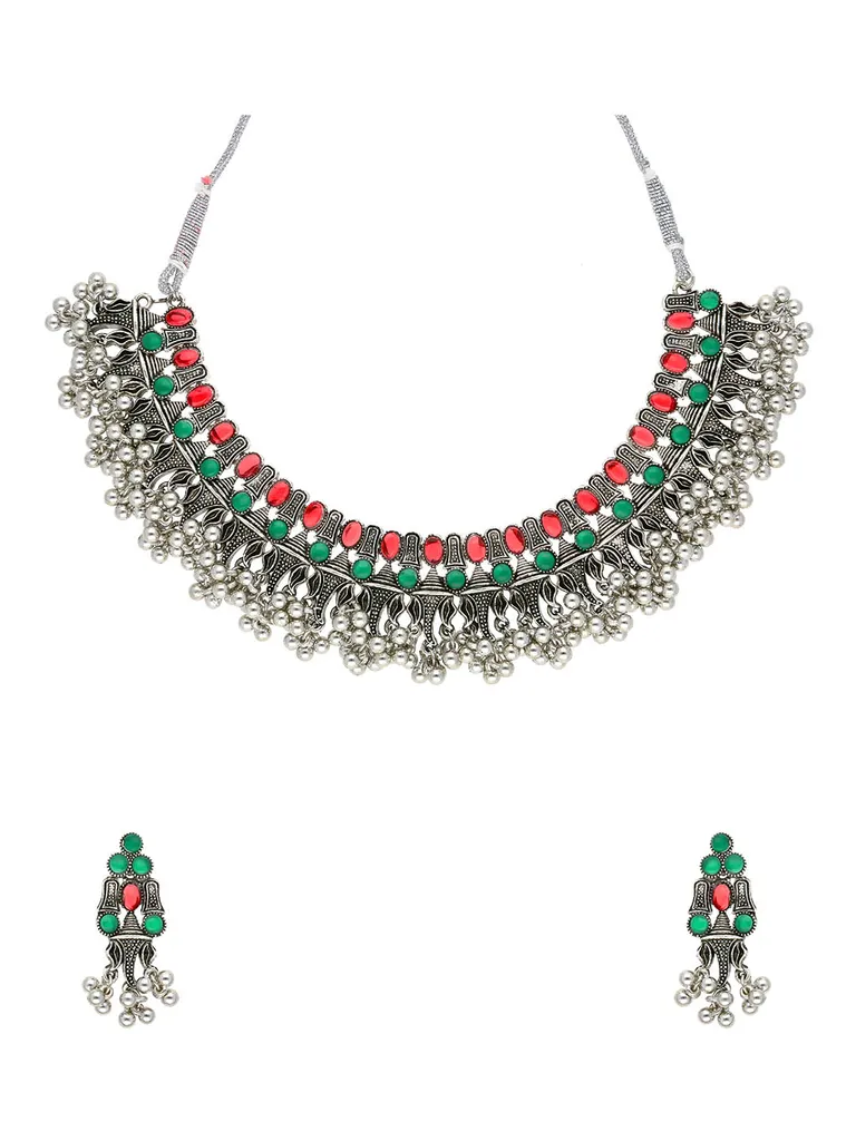Oxidised Necklace Set in Ruby & Green color - CNB28759