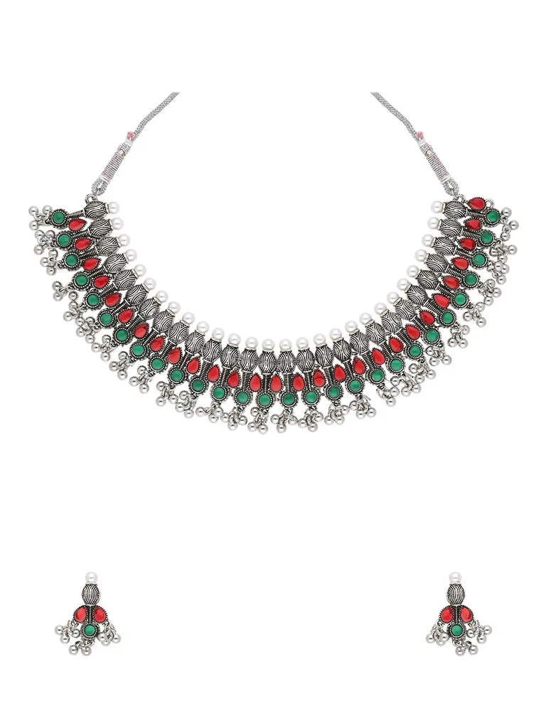 Oxidised Necklace Set in Ruby & Green color - CNB28773