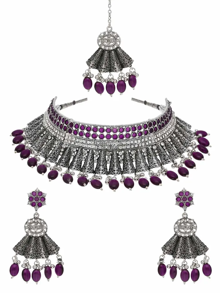 Oxidised Choker Necklace Set in Purple color - CNB38167