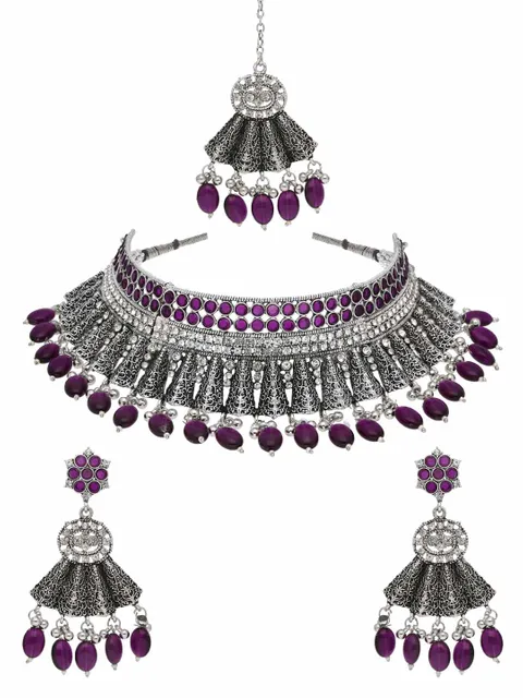 Oxidised Choker Necklace Set in Purple color - CNB38167