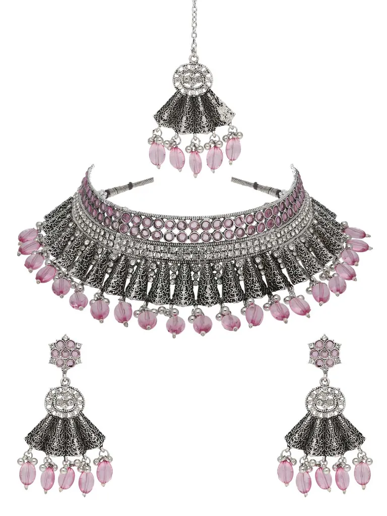 Oxidised Choker Necklace Set in Pink color - CNB38171