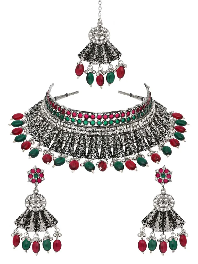 Oxidised Choker Necklace Set in Ruby & Green color - CNB38170