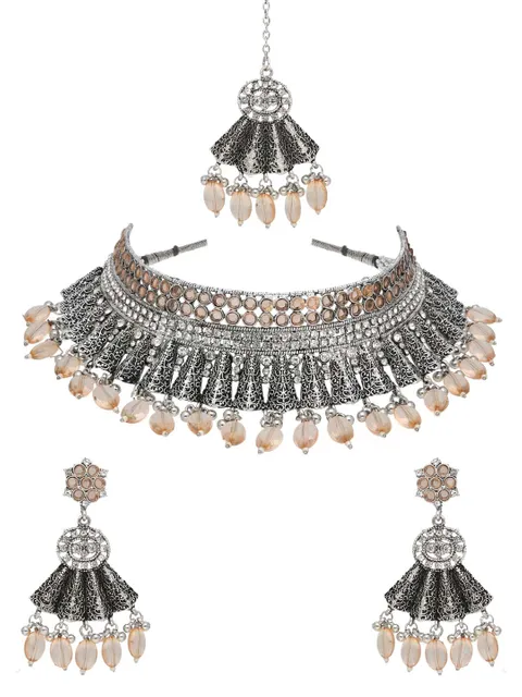 Oxidised Choker Necklace Set in Peach color - CNB38176