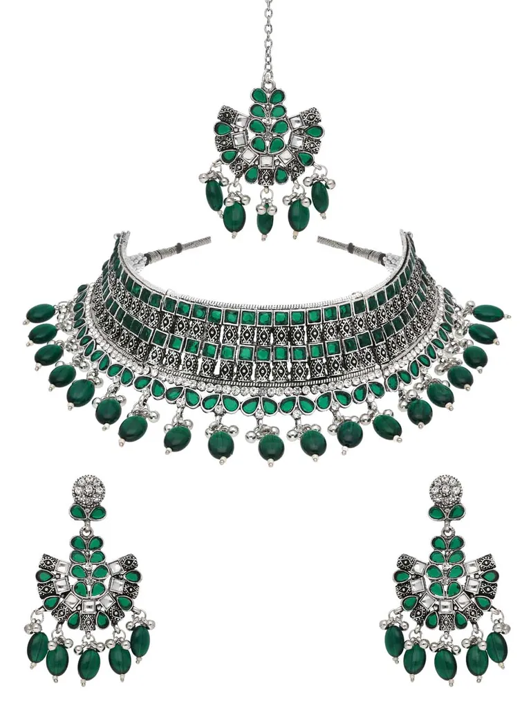 Oxidised Choker Necklace Set in Green color - CNB38178