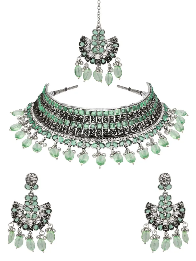 Oxidised Choker Necklace Set in Mint color - CNB38180