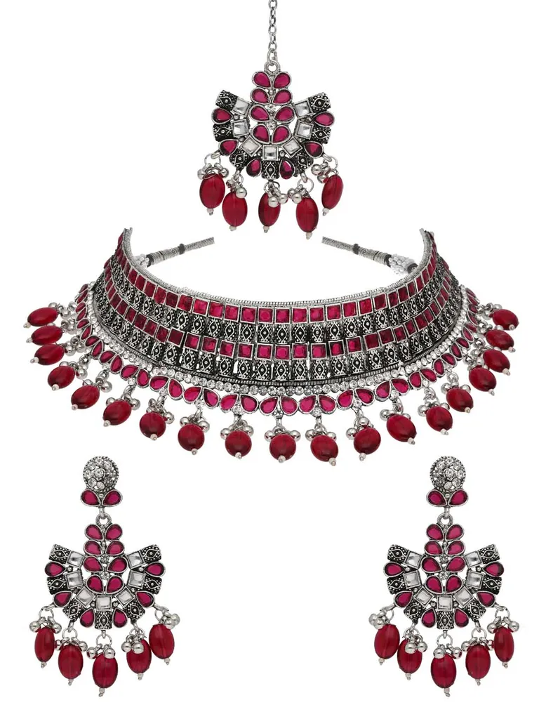 Oxidised Choker Necklace Set in Rani Pink color - CNB38185