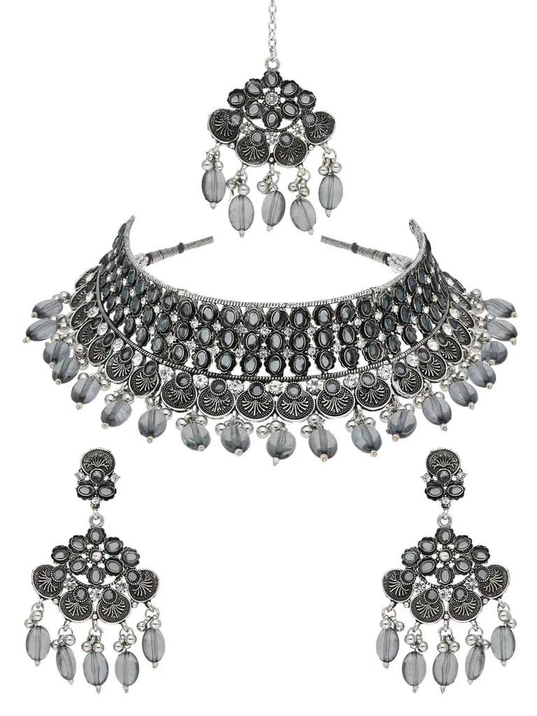 Oxidised Choker Necklace Set in Grey color - CNB38188