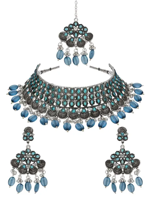 Oxidised Choker Necklace Set in Sky Blue color - CNB38187
