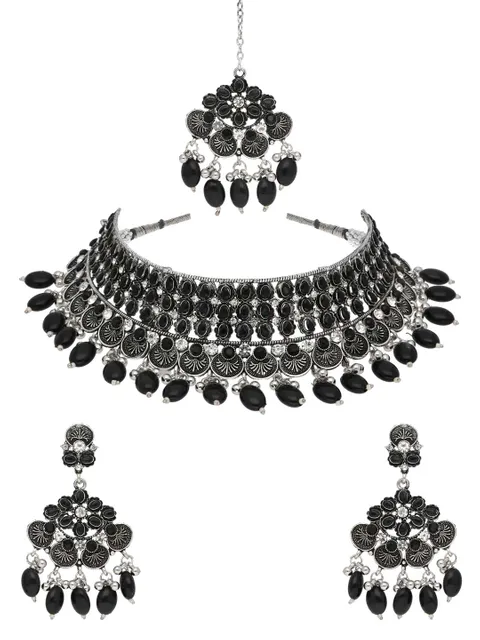 Oxidised Choker Necklace Set in Black color - CNB38190