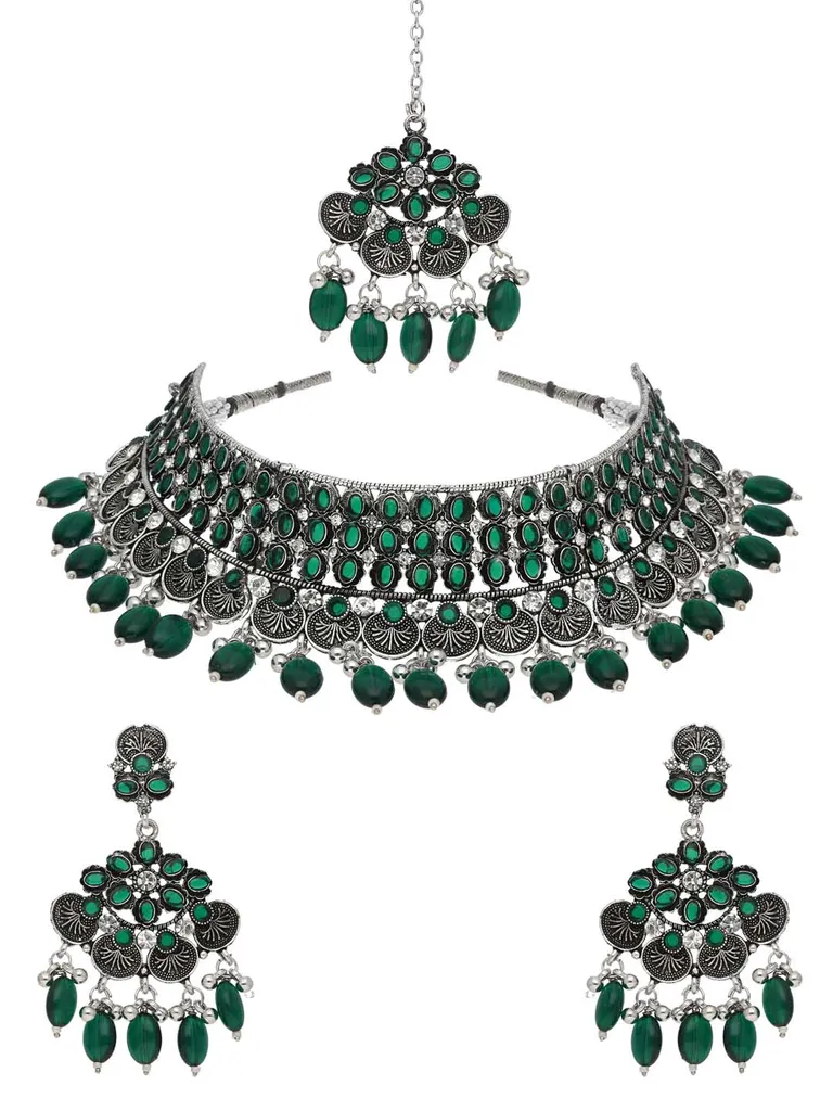 Oxidised Choker Necklace Set in Green color - CNB38191