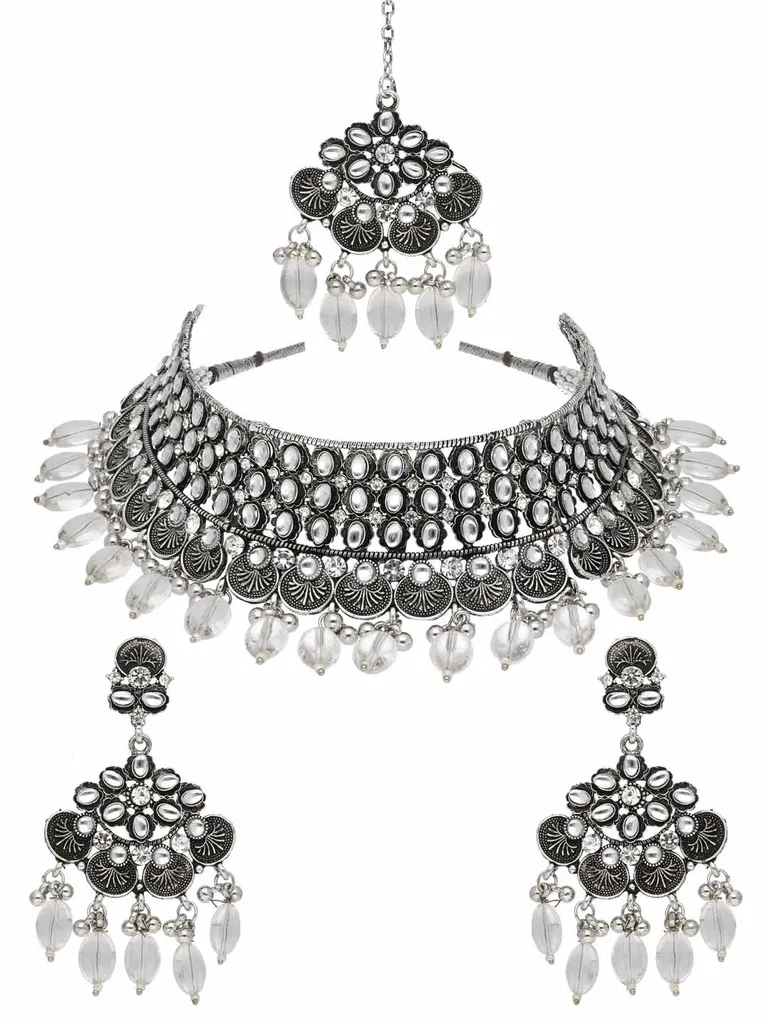 Oxidised Choker Necklace Set in White color - CNB38193