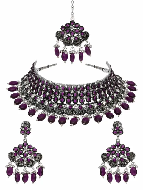 Oxidised Choker Necklace Set in Purple color - CNB38195