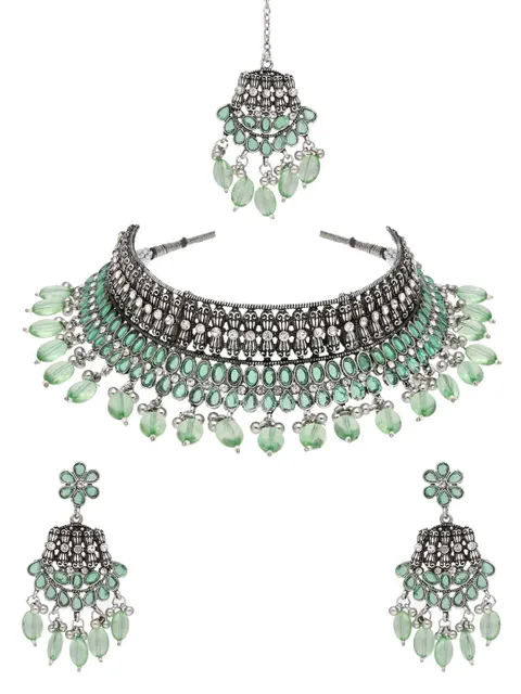 Oxidised Choker Necklace Set in Mint color - CNB38076