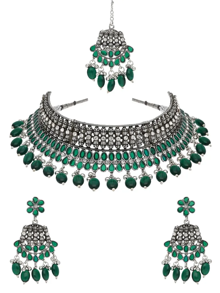 Oxidised Choker Necklace Set in Green color - CNB38077