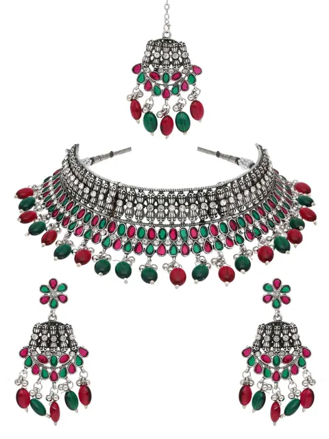 Oxidised Choker Necklace Set in Ruby & Green color - CNB38078