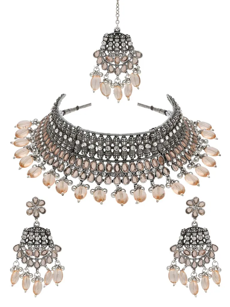 Oxidised Choker Necklace Set in Peach color - CNB38155