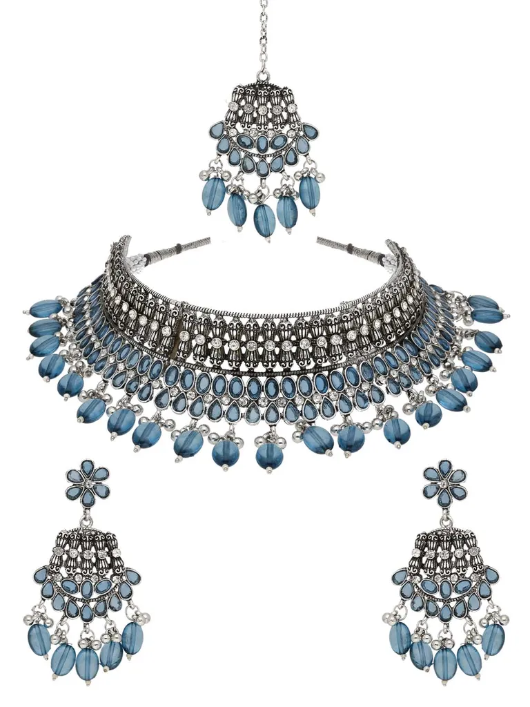Oxidised Choker Necklace Set in Sky Blue color - CNB38082
