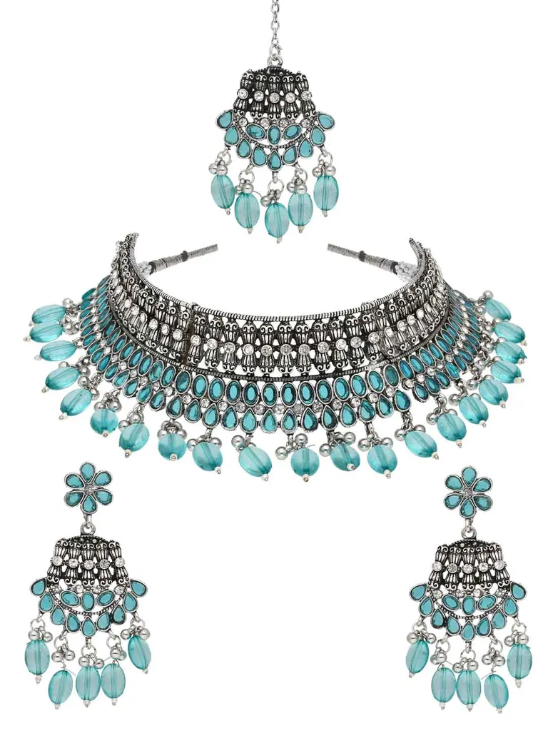 Oxidised Choker Necklace Set in Firoza color - CNB38156