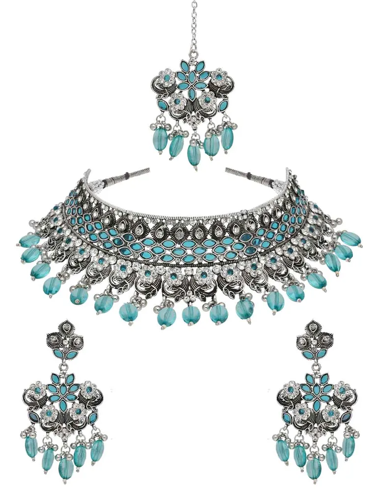 Oxidised Choker Necklace Set in Sky Blue color - CNB38158