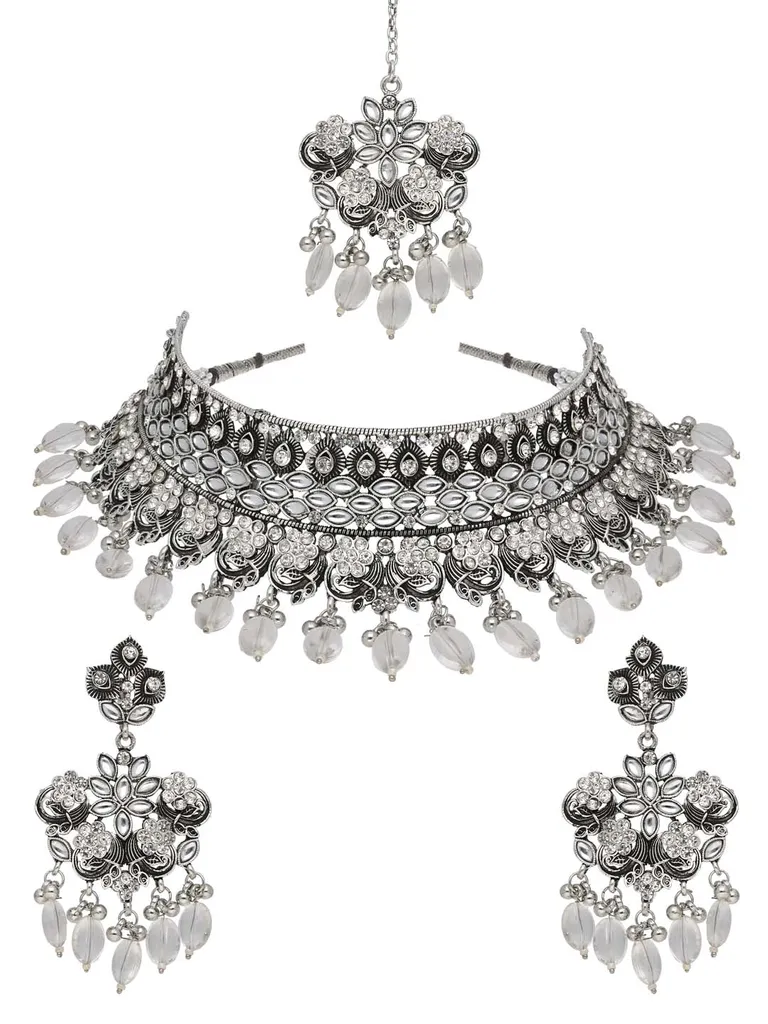Oxidised Choker Necklace Set in White color - CNB38166
